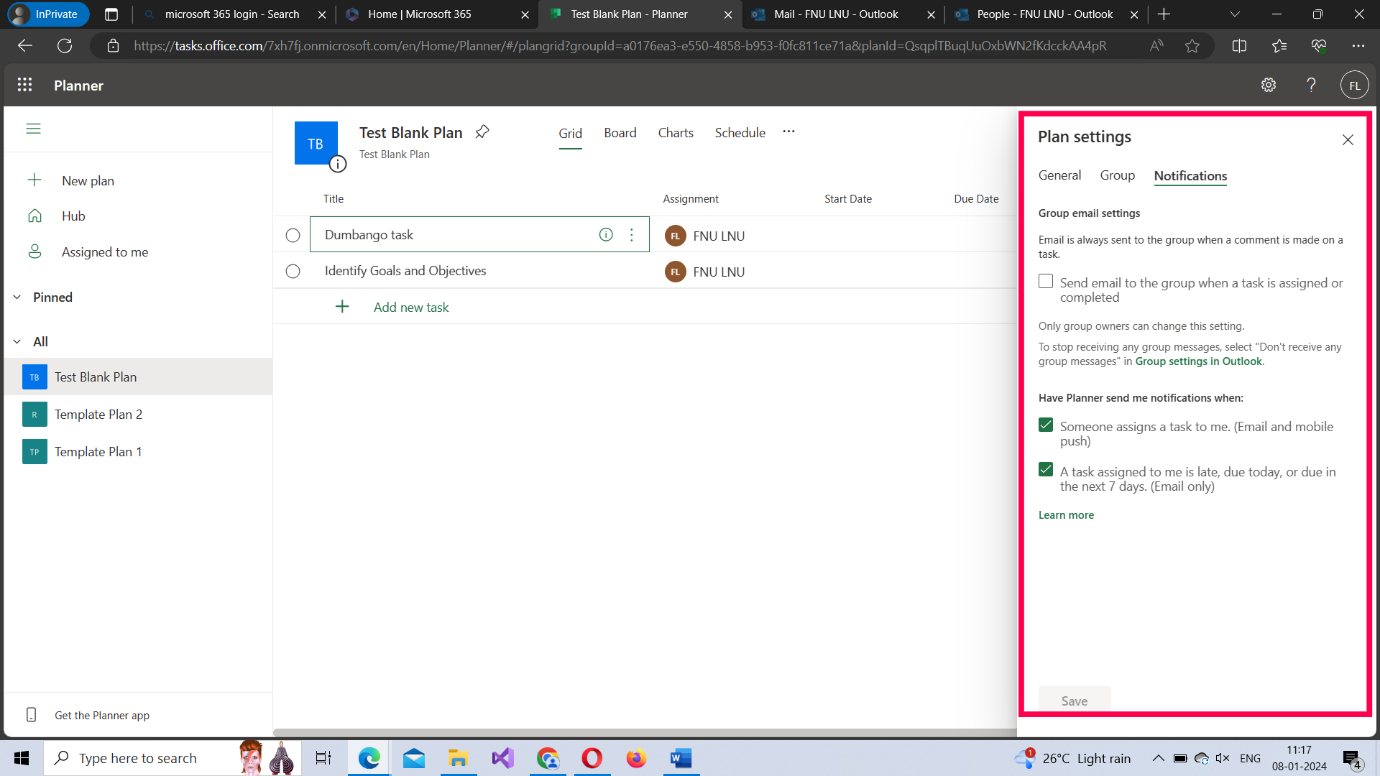 This image shows what the Notifications tab of the plan settings pane contains and how you can use it to enable or disable the various plan related notifications. 