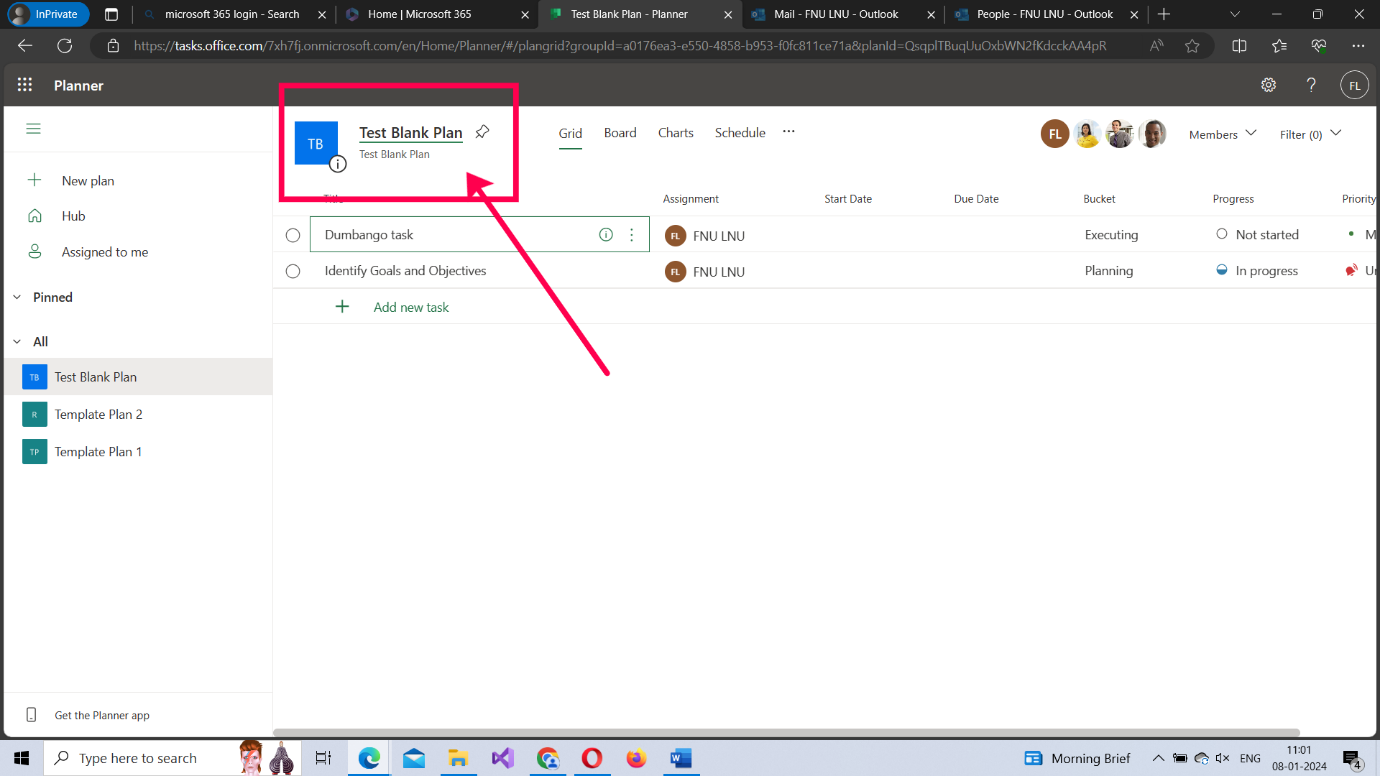 This image shows an alternate way of accessing the planner's settings by directly clicking on the plan name. 
