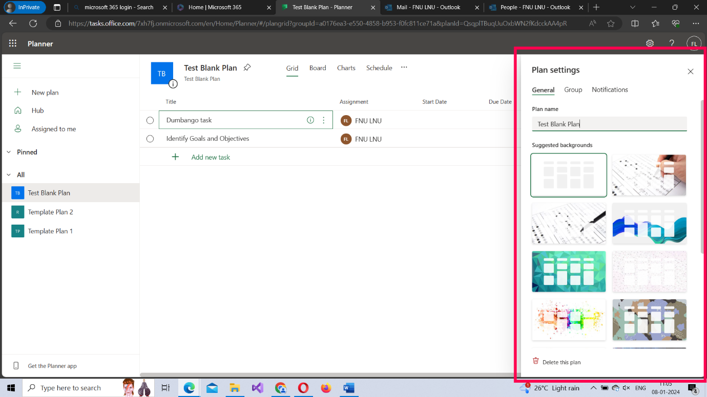 This image shows the three tabs the plan settings pane contains: i) General, ii) Group and iii) Notifications. 