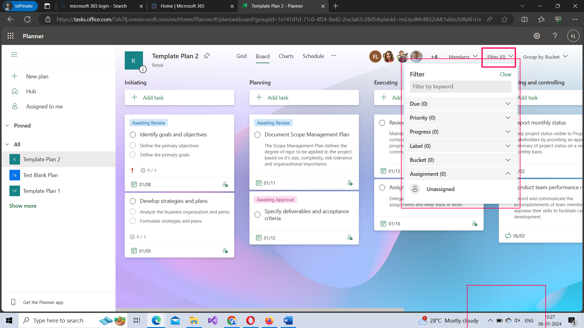 This image shows the 7 filters available to you using which the planner tasks can be filtered to suit your requirements. 