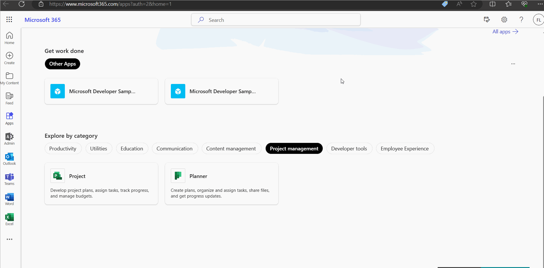 Image shows how you can access the Microsoft 365 Planner app from the App Launcher in the Microsoft 365 home page.