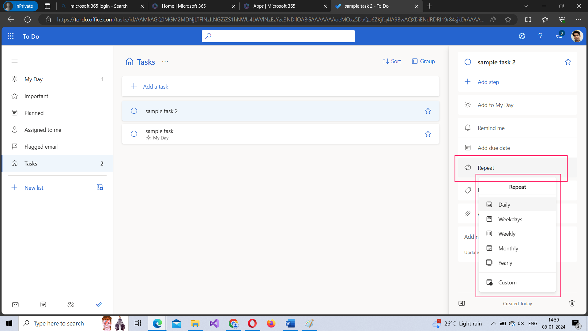 This image shows how you can create a repeat task that will repeat itself every week or month or year by selecting the task and then selecting the repeat option available to your right. 