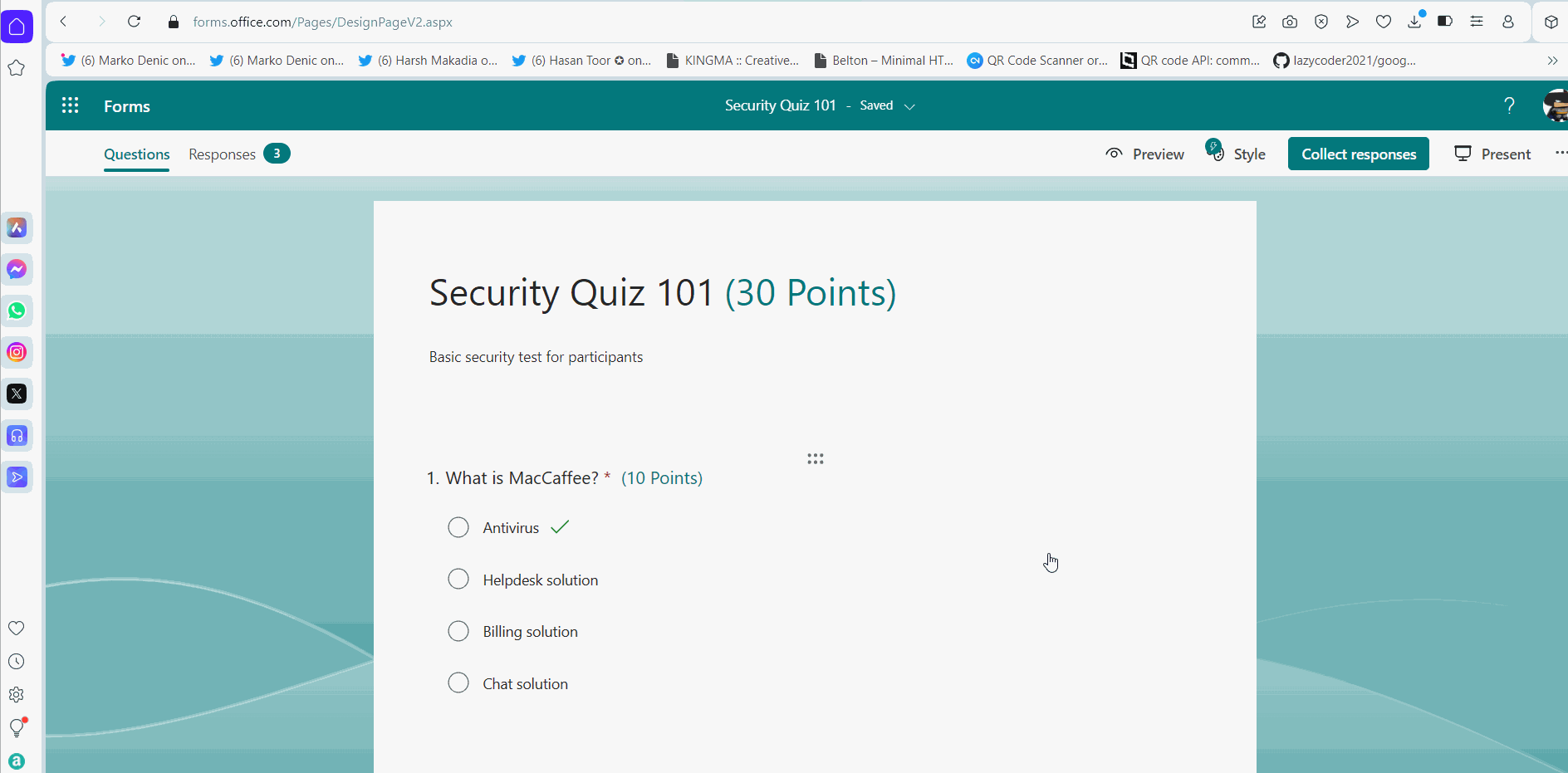 Image shows how to access quiz results by clicking the Respones tab.
