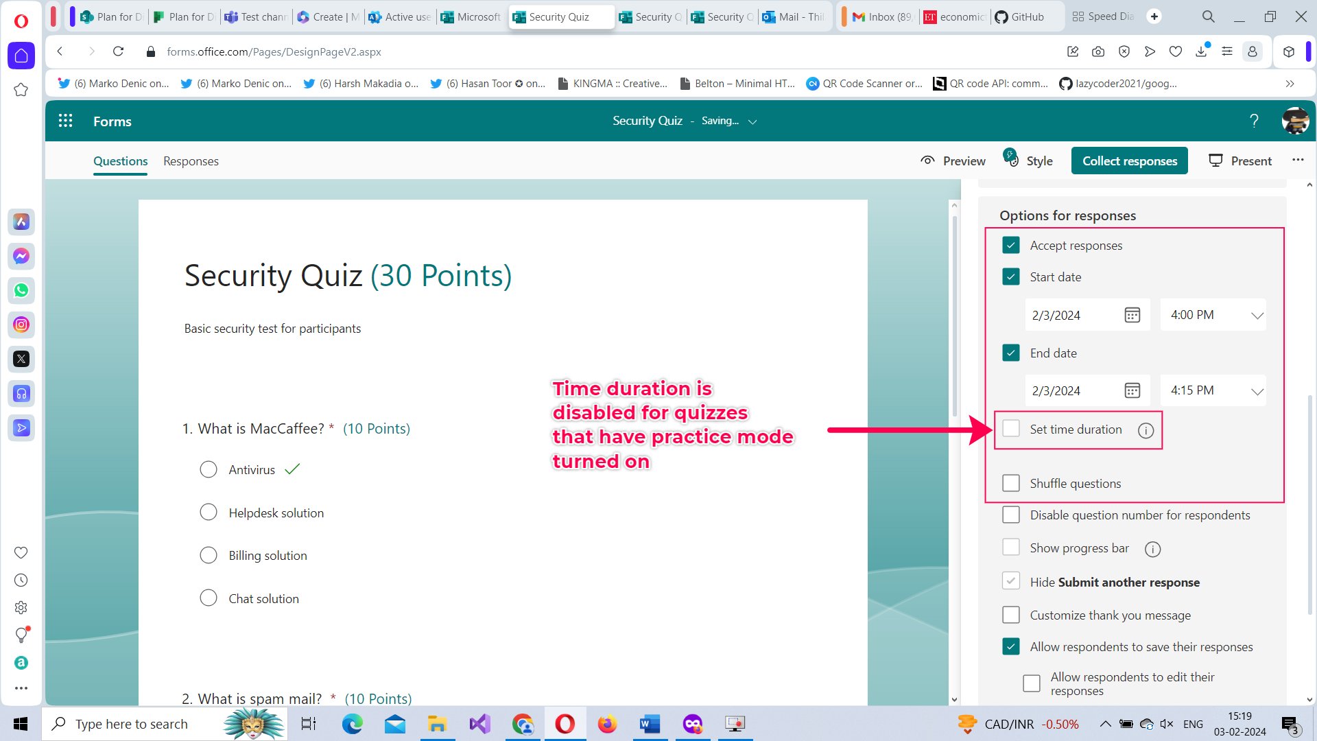Image shows how you can set start and end dates for the quiz.