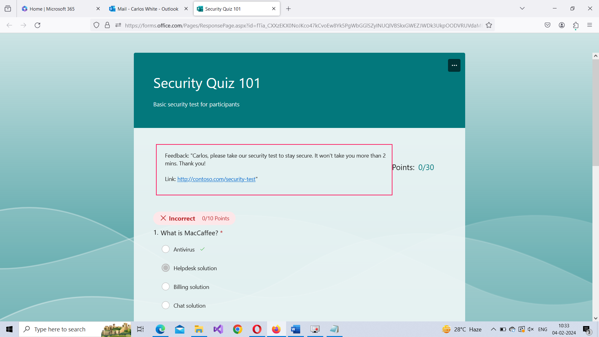 Image shows where the feedback appears in the form.
