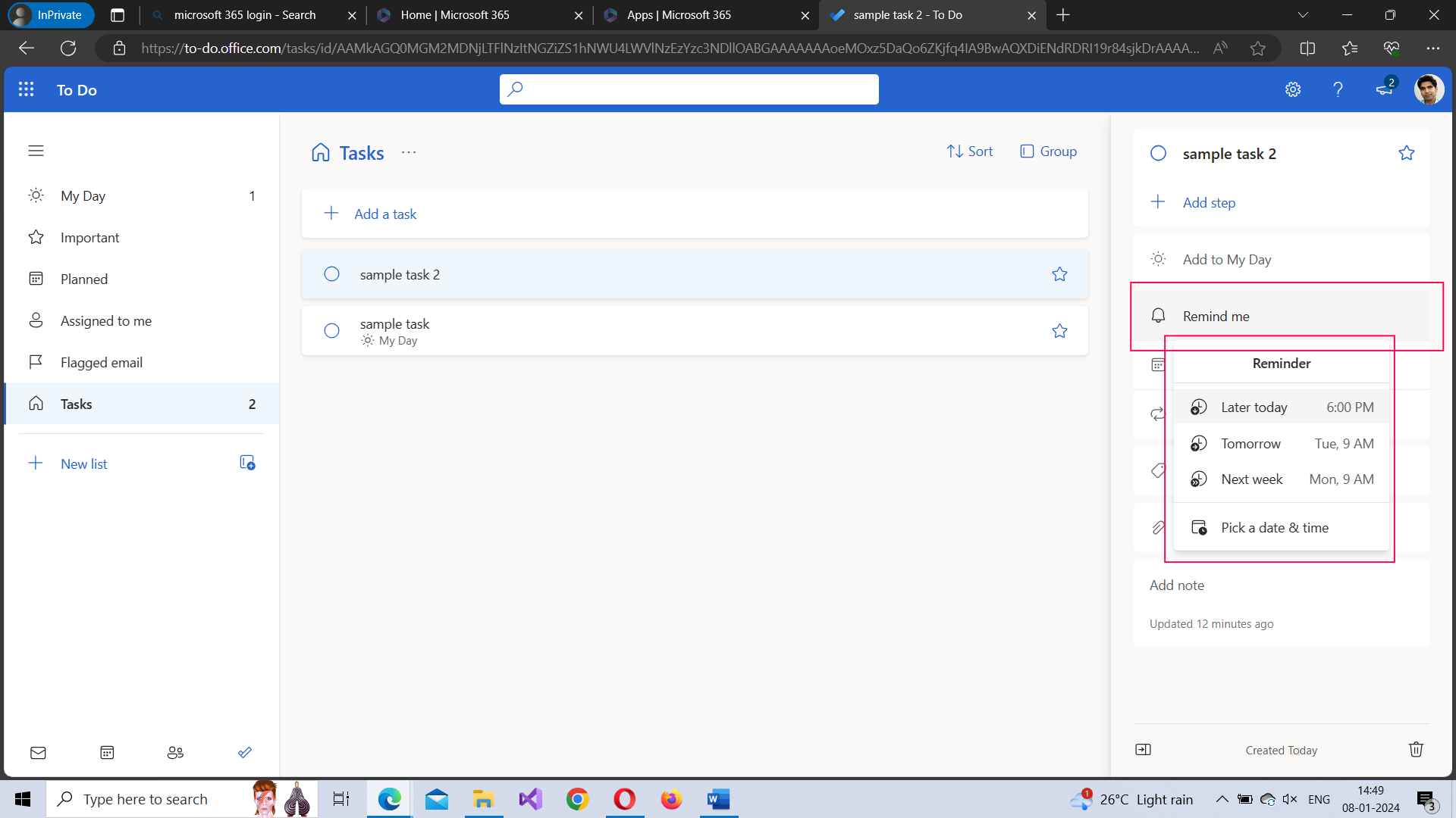 This image shows how you can set a reminder for your task by selecting the task and then selecting the remind me option available to your right. 