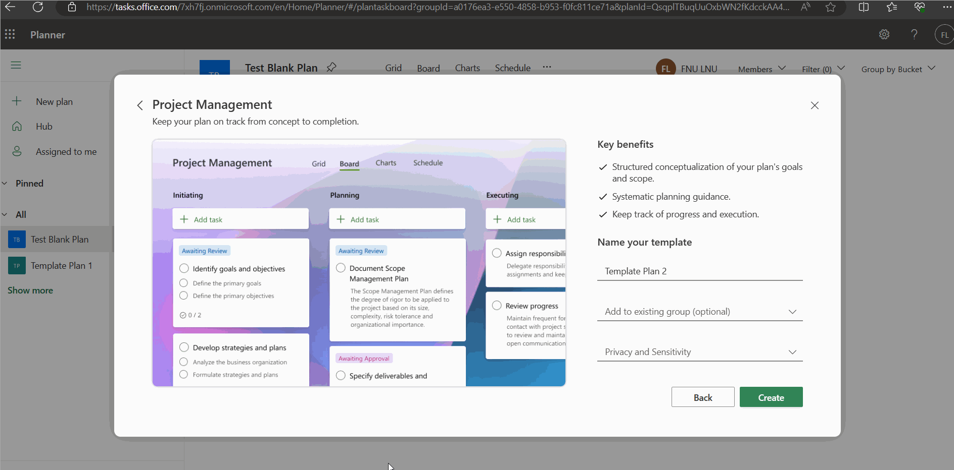 Image shows how you can assign a group to the new plan by clicking Add to existing group dropdown and selecting the group.