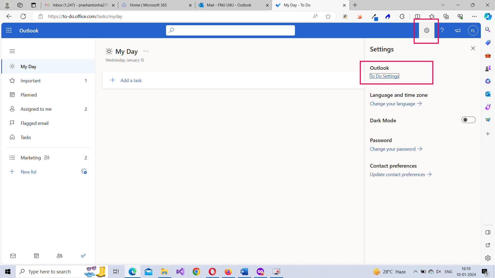 This screenshot shows how you can access the to do settings page by clicking on the settings icon available to your right.   