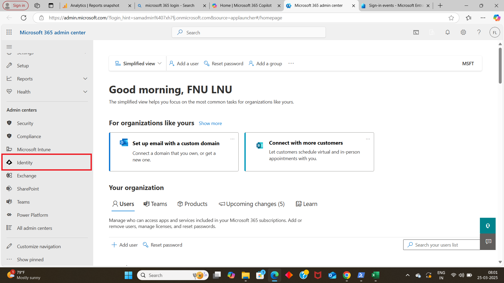 Image shows how to access Microsoft Entra Admin center from Microsoft Admin Center hub.