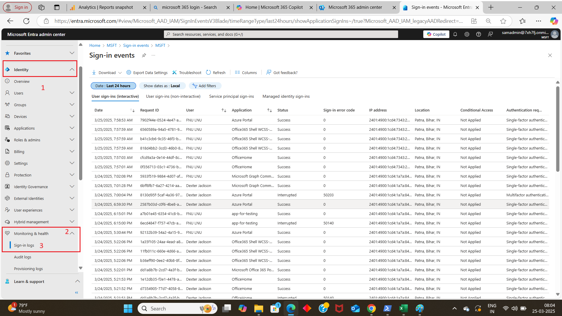 Image shows how to access sign in logs within the Microsoft Entra Admin Center.