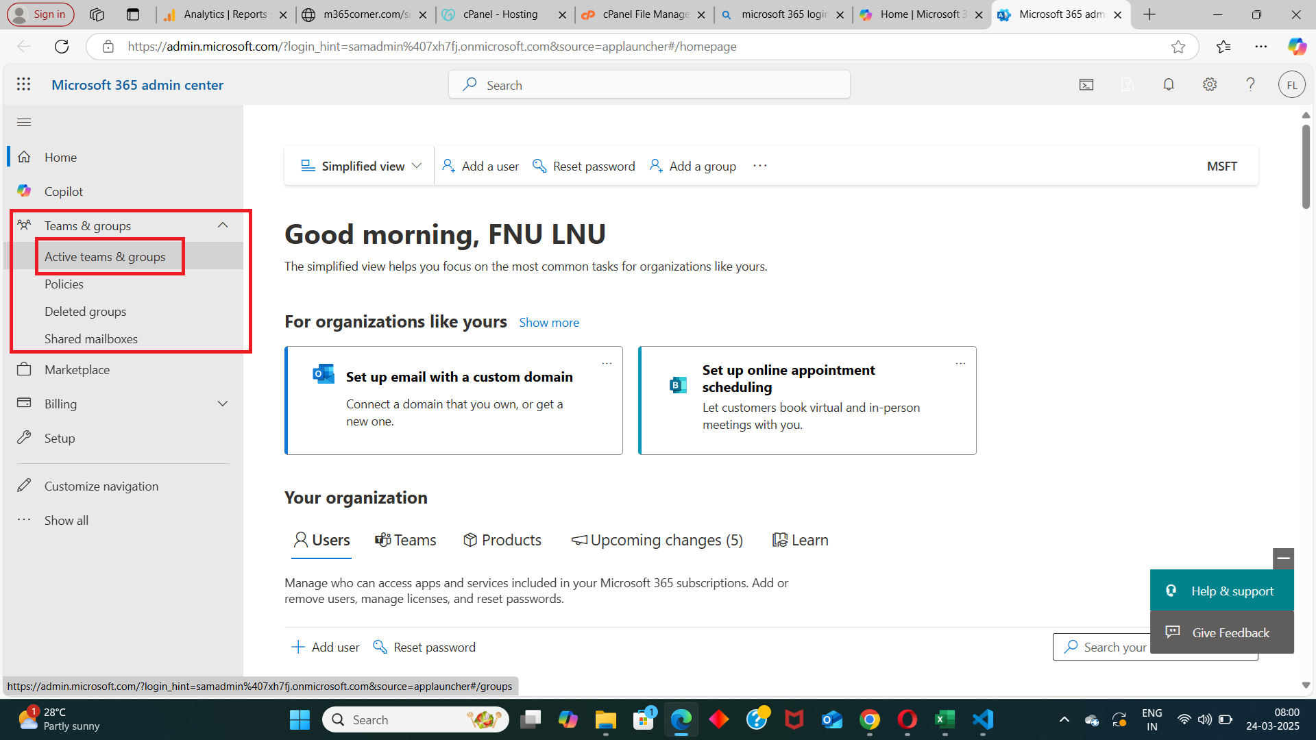 Image shows how to access Active Teams & Groups page in Microsoft 365 Admin Center.
