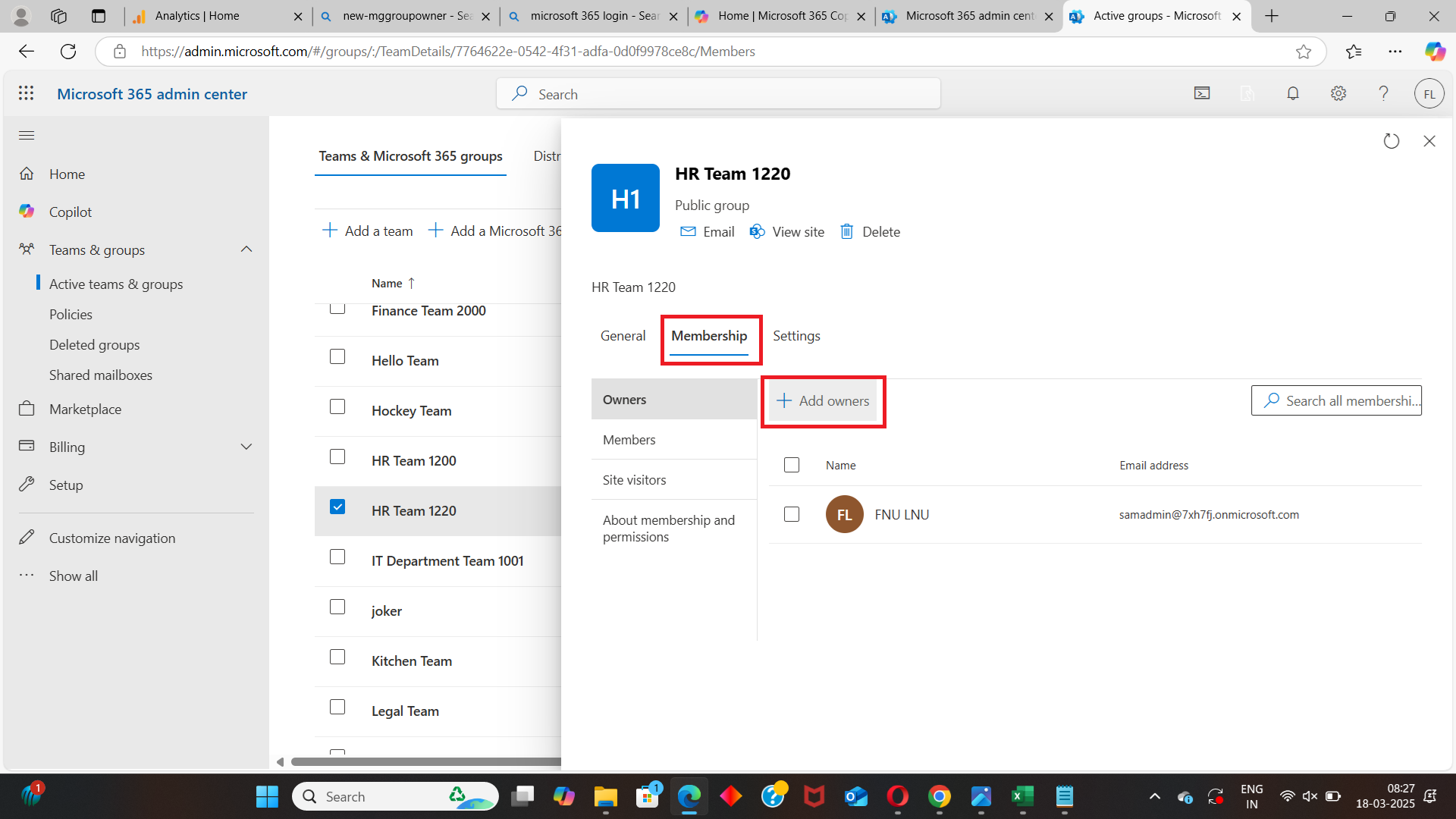 Microsoft 365 admin center interface showing group membership tab with owners option highlighted