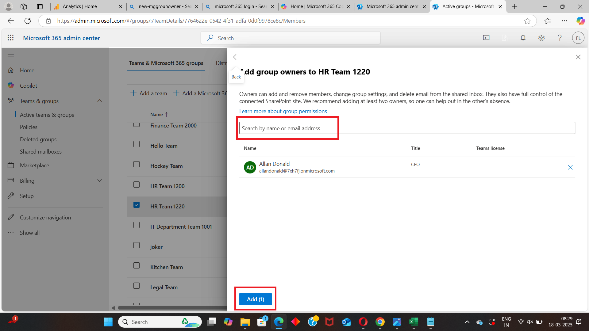 Microsoft 365 admin center interface showing group membership tab with owners option highlighted