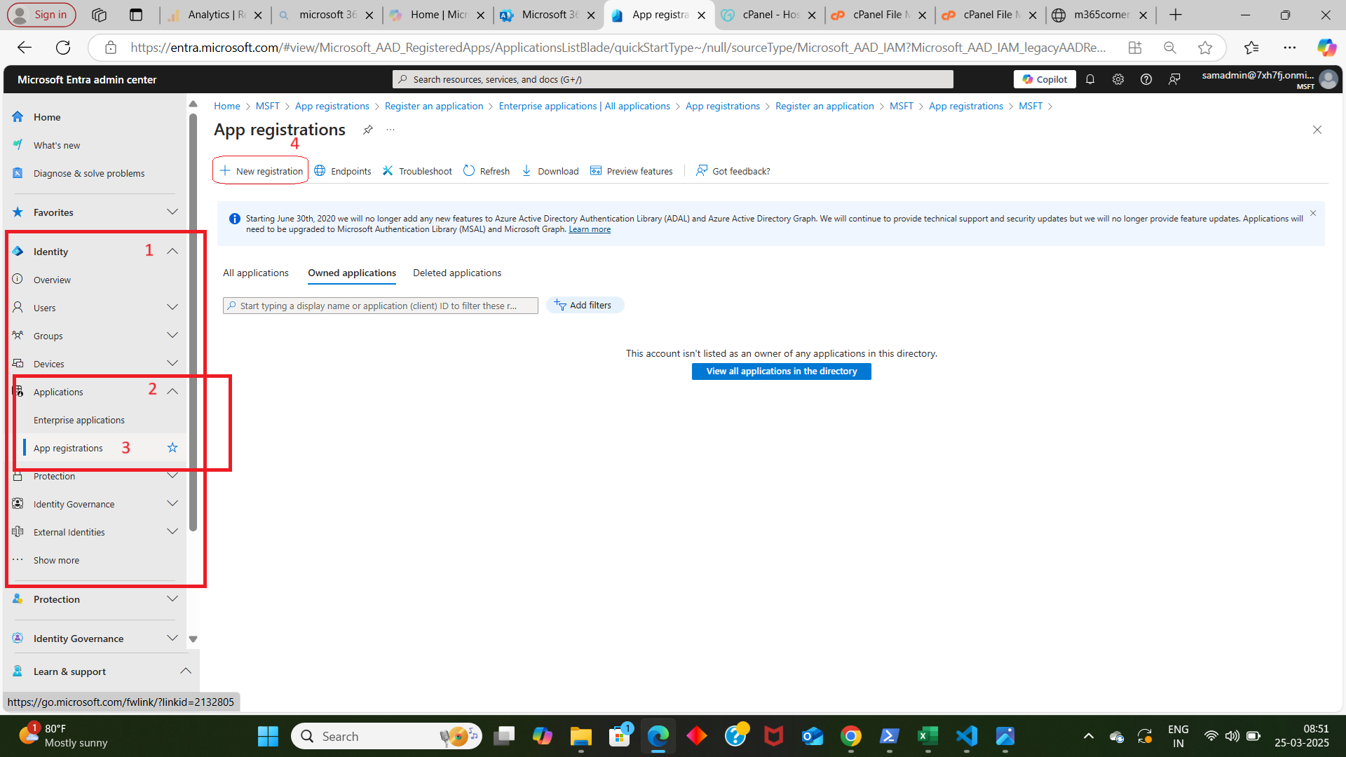 Image shows how to access app registrations page in Microsoft Entra Admin center