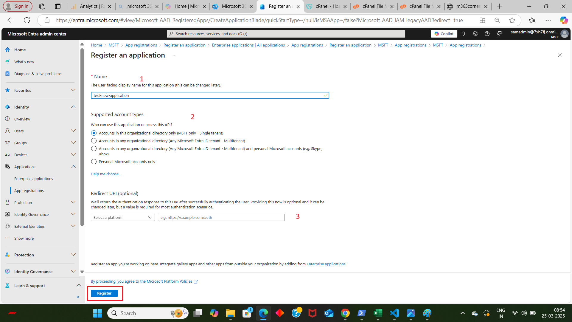 Image shows how to register a new application in Microsoft Entra Admin center.