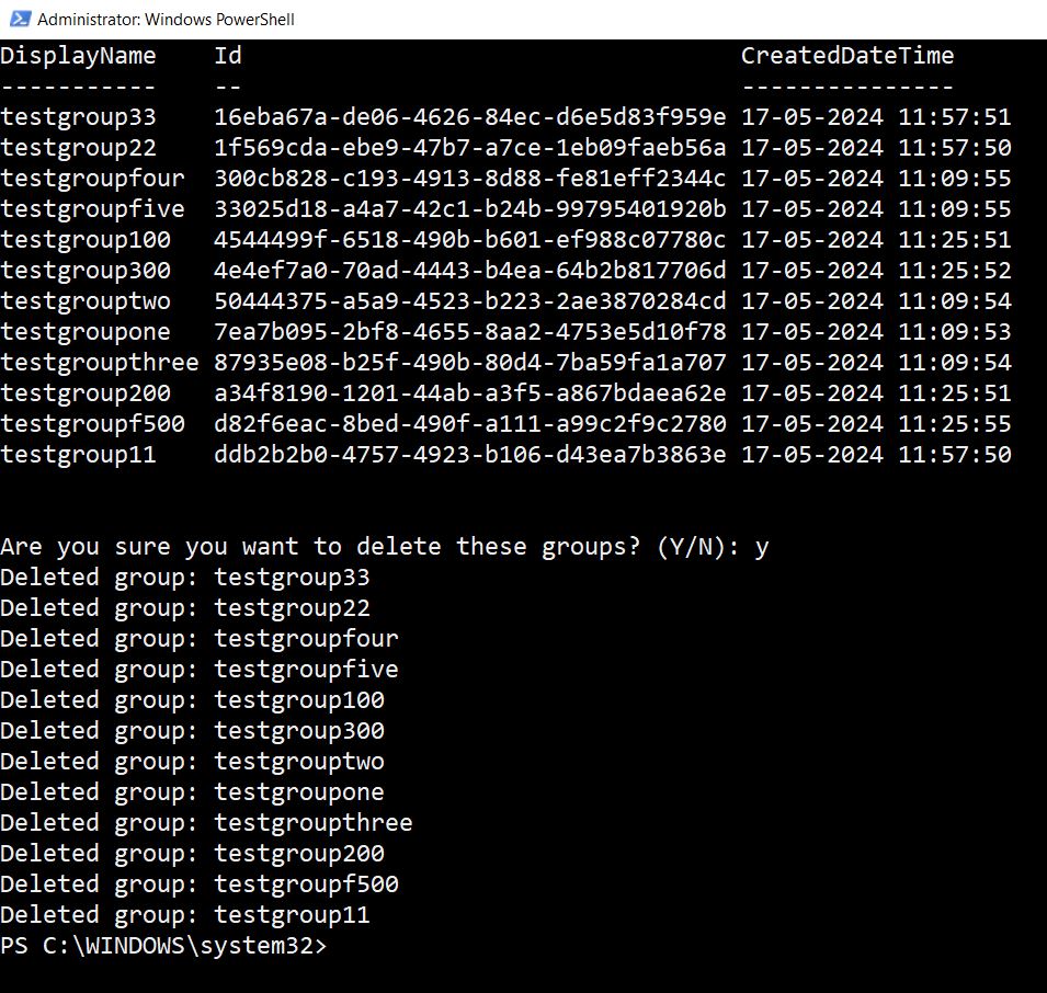 Graph PowerShell Script for deleting Microsoft 365 Group based on created date output.