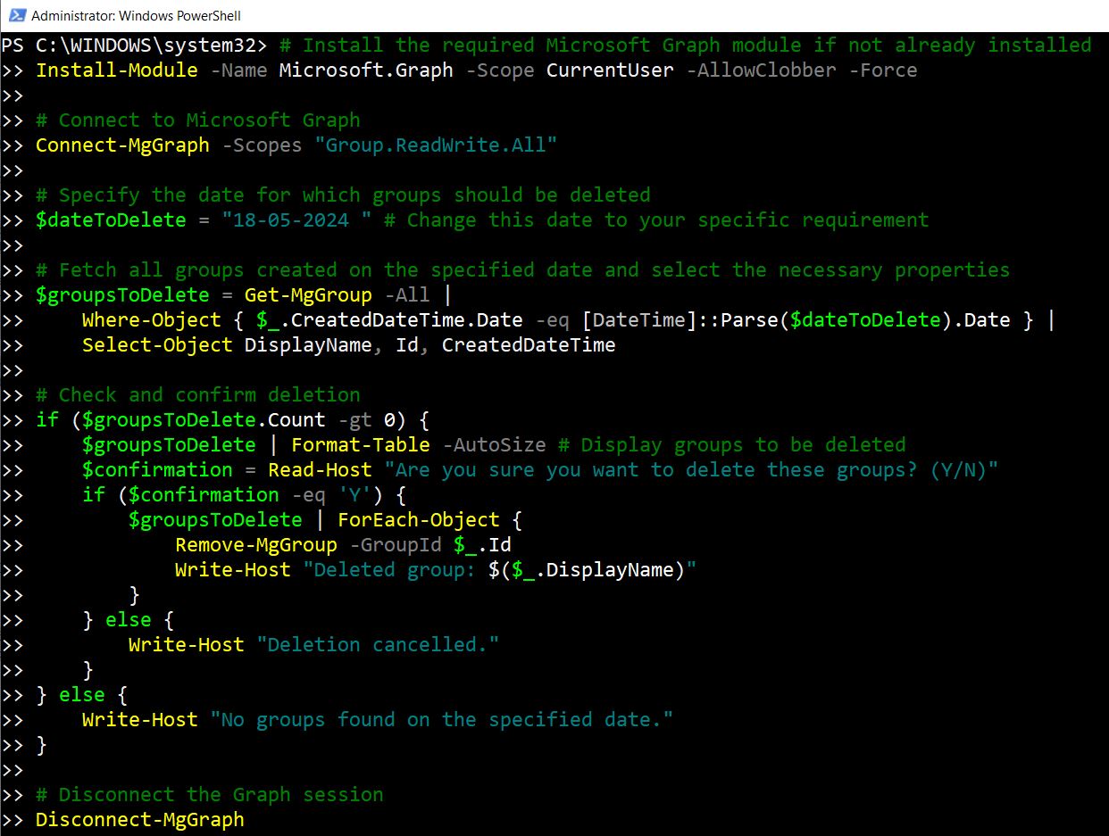 Graph PowerShell Script for deleting Microsoft 365 Group based on created date full script.