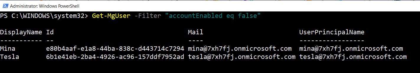 Graph PowerShell command retrieving disabled Microsoft 365 user accounts