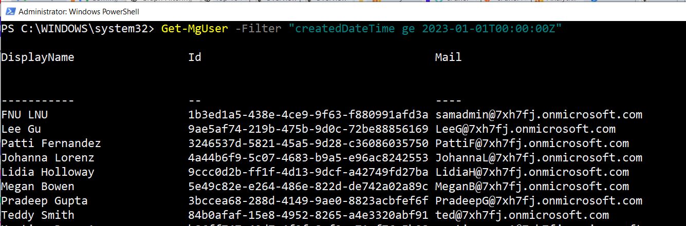 Graph PowerShell command retrieving Microsoft 365 users created after a specific date