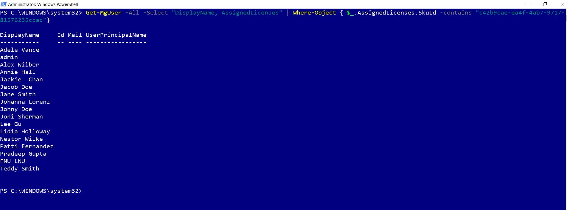 PowerShell command filtering users by assigned license SKU ID