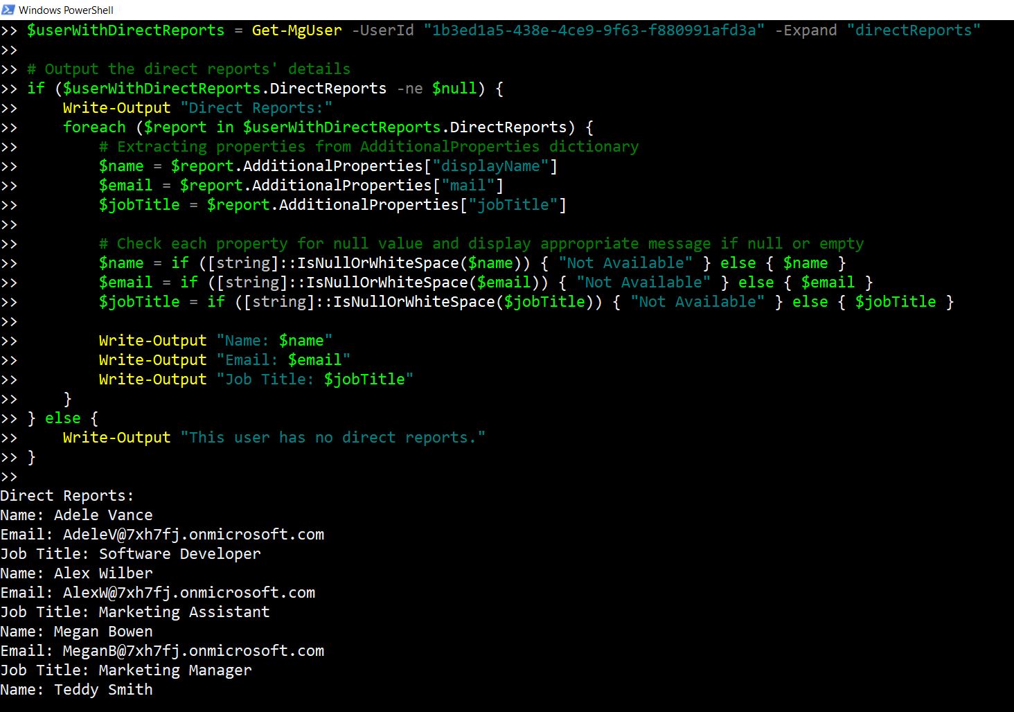 PowerShell command fetching user details with expanded direct reports using -Expand parameter