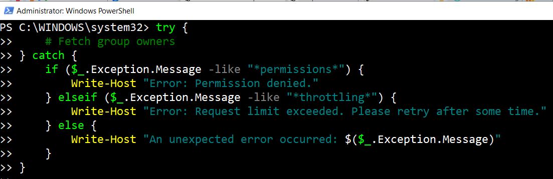 Enhancing Graph PowerShell Script for listing Microsoft 365 Group Members with advanced error handling.
