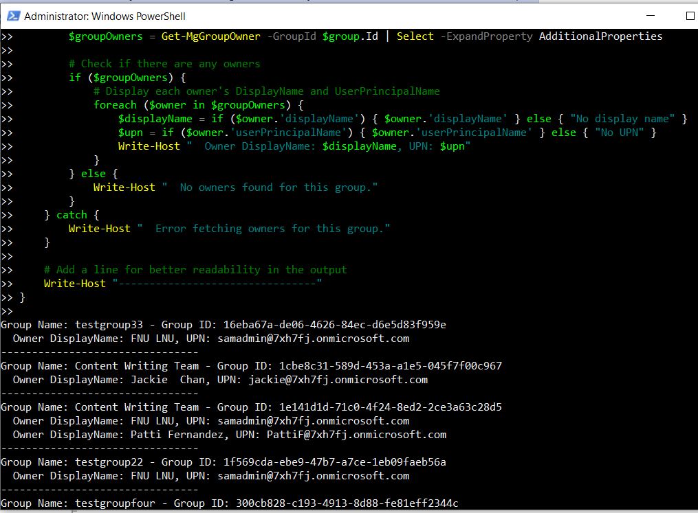 Graph PowerShell Script for listing Microsoft 365 Group Members Output.