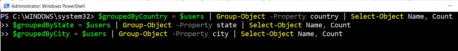 PowerShell script that uses Group-Object cmdlet to query for M365 user location and location count.