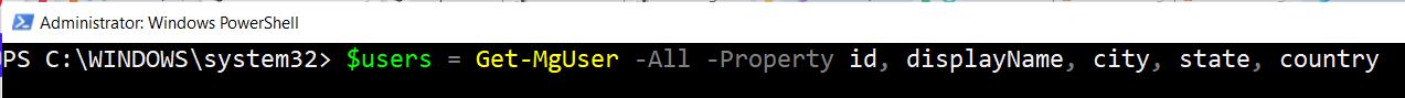 Graph PowerShell cmdlet to all M365 users and select their id, displayname, city, state and country.