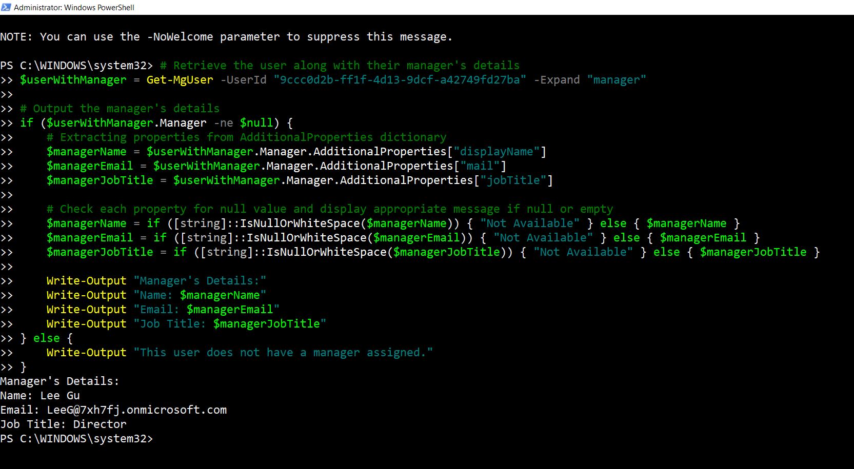 PowerShell command retrieving user details with expanded manager information using -Expand parameter