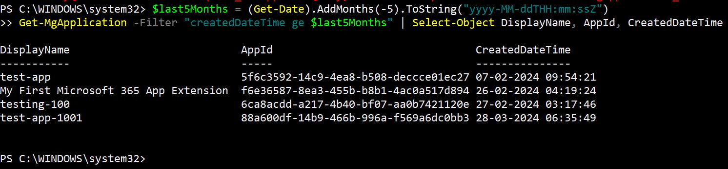 PowerShell command retrieving applications created in the last five months