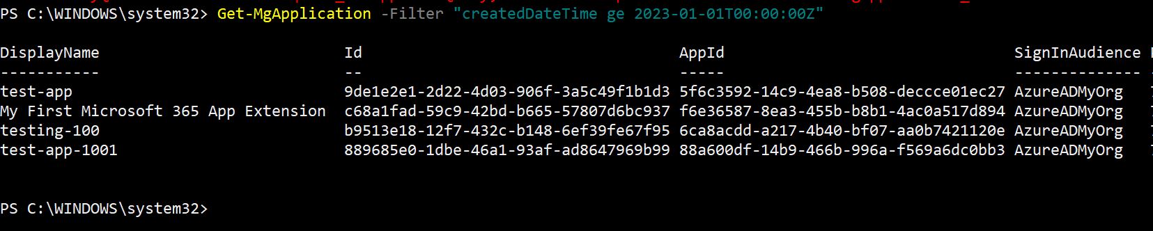 PowerShell command for filtering applications created on or after January 1, 2023