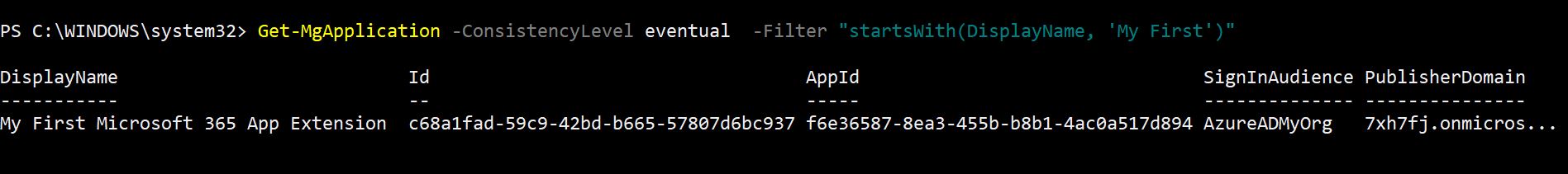 PowerShell command for filtering applications with display names starting with 'My First'