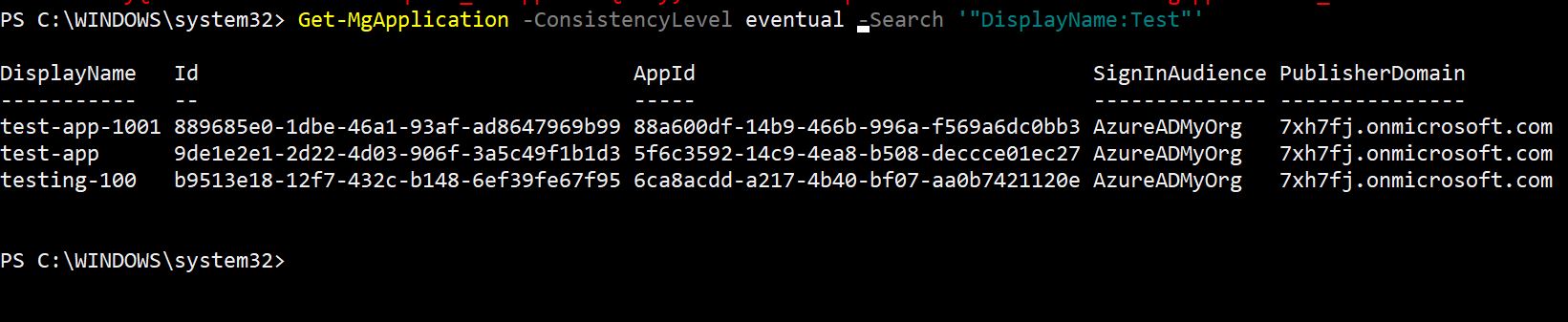 PowerShell command searching for applications with display names containing 'Test'