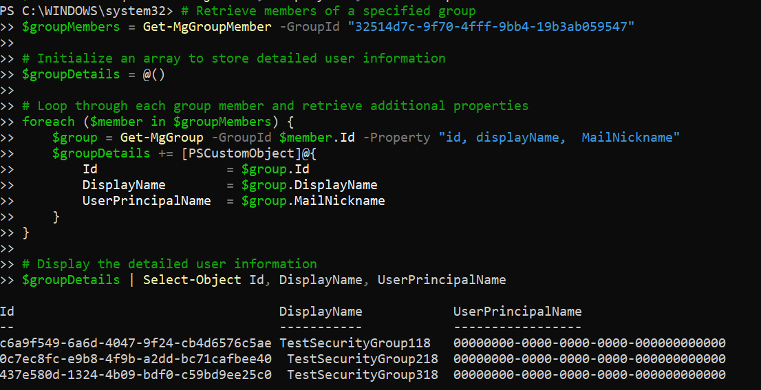 PowerShell output showing group owner and member IDs separately