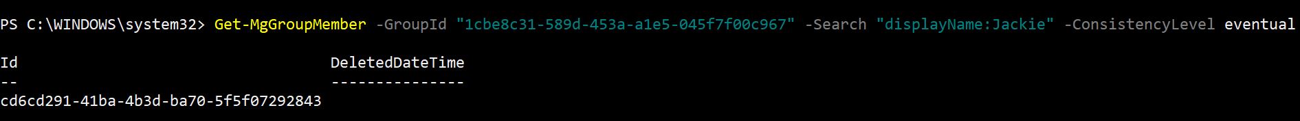 PowerShell output displaying group members filtered by display name 'Jackie'
