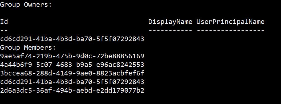PowerShell output showing group owner and member IDs separately