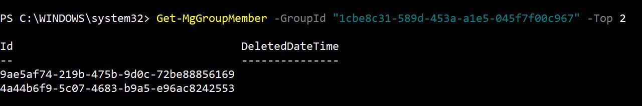 PowerShell command fetching top 2 members of a Microsoft 365 group