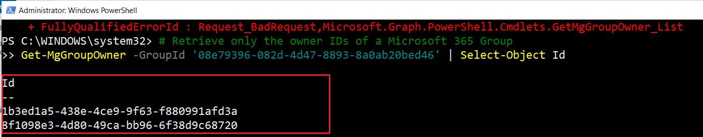 Screenshot of PowerShell output displaying a list of group owner IDs retrieved using the Get-MgGroupOwner cmdlet.