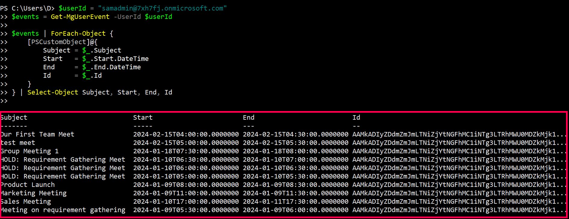PowerShell command output displaying all user calendar events retrieved using Get-MgUserEvent in Microsoft Graph PowerShell