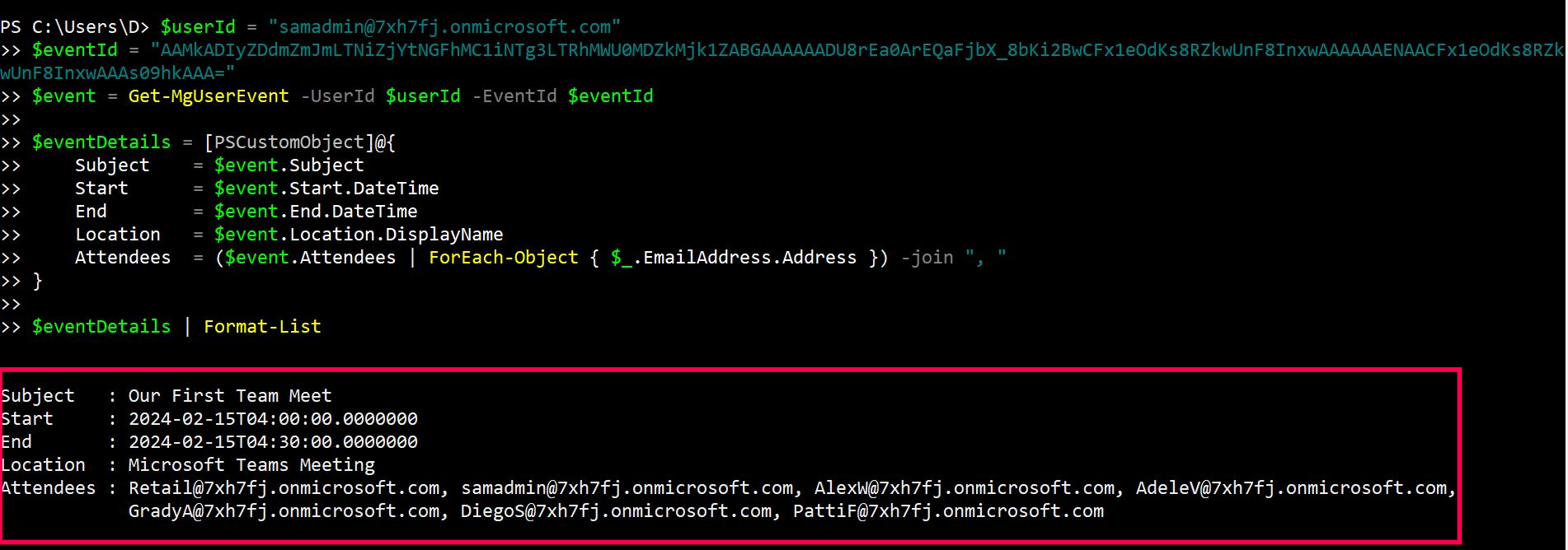 PowerShell script fetching details of a specific user calendar event using Get-MgUserEvent with an Event ID.