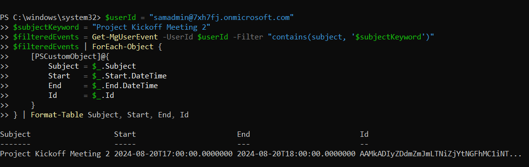 Filtered PowerShell results showing calendar events matching a specific subject keyword using Get-MgUserEvent.