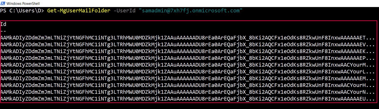 Graph PowerShell command retrieving all mail folders for a specified user