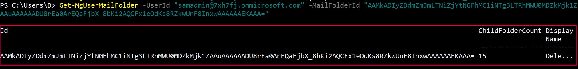 Graph PowerShell command retrieving details of a specific mail folder by its ID