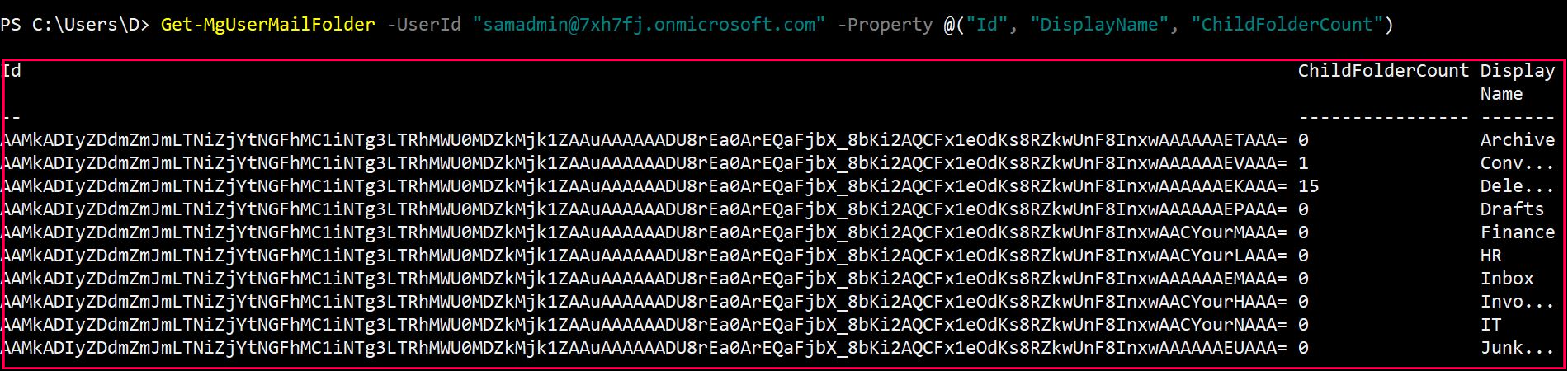 Graph PowerShell command selecting specific properties of mail folders: Id, DisplayName, and ChildFolderCount