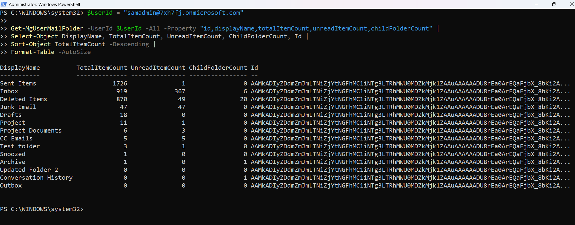 Graph PowerShell command filtering mail folders by display name 'Inbox'