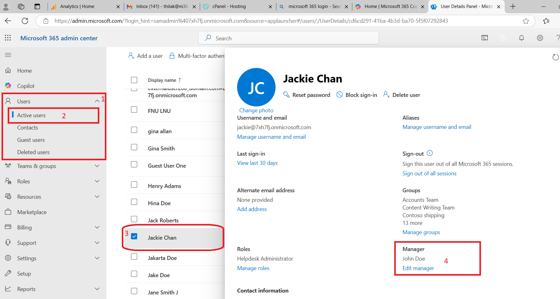 Microsoft 365 Admin Center interface displaying the manager details of a selected user in the Active Users section.