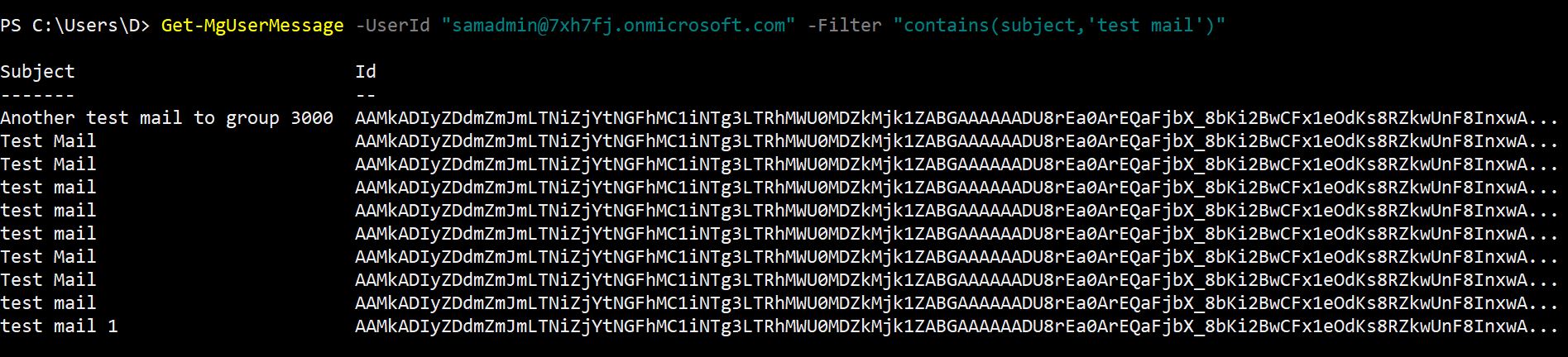 PowerShell command demonstrating how to filter and retrieve email messages that contain a specific keyword, such as 'Project Update', in the subject line using the Get-MgUserMessage cmdlet