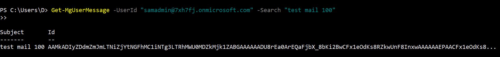 PowerShell command illustrating how to search for email messages containing the term 'Project Update' using the Search parameter with the Get-MgUserMessage cmdlet