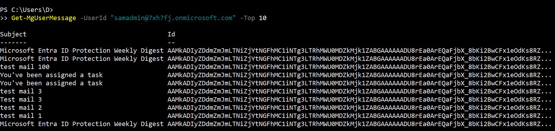 PowerShell command showing how to retrieve the top 10 most recent email messages from a user's mailbox using the Get-MgUserMessage cmdlet with the Top parameter